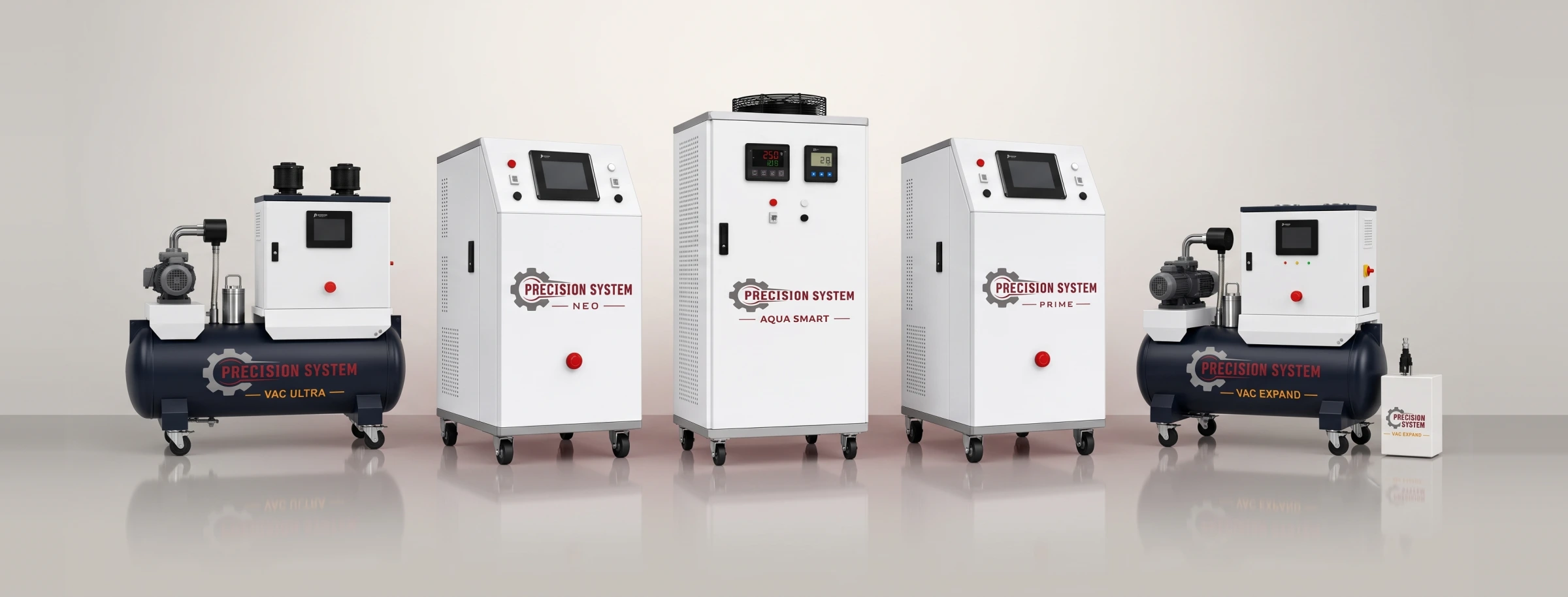 The Precision System range on a studio floor, left to right: VAC ULTRA vacuum system, NEO jet cooling unit, AQUA SMART process chiller, PRIME jet cooling unit and VAC EXPAND vacuum system.