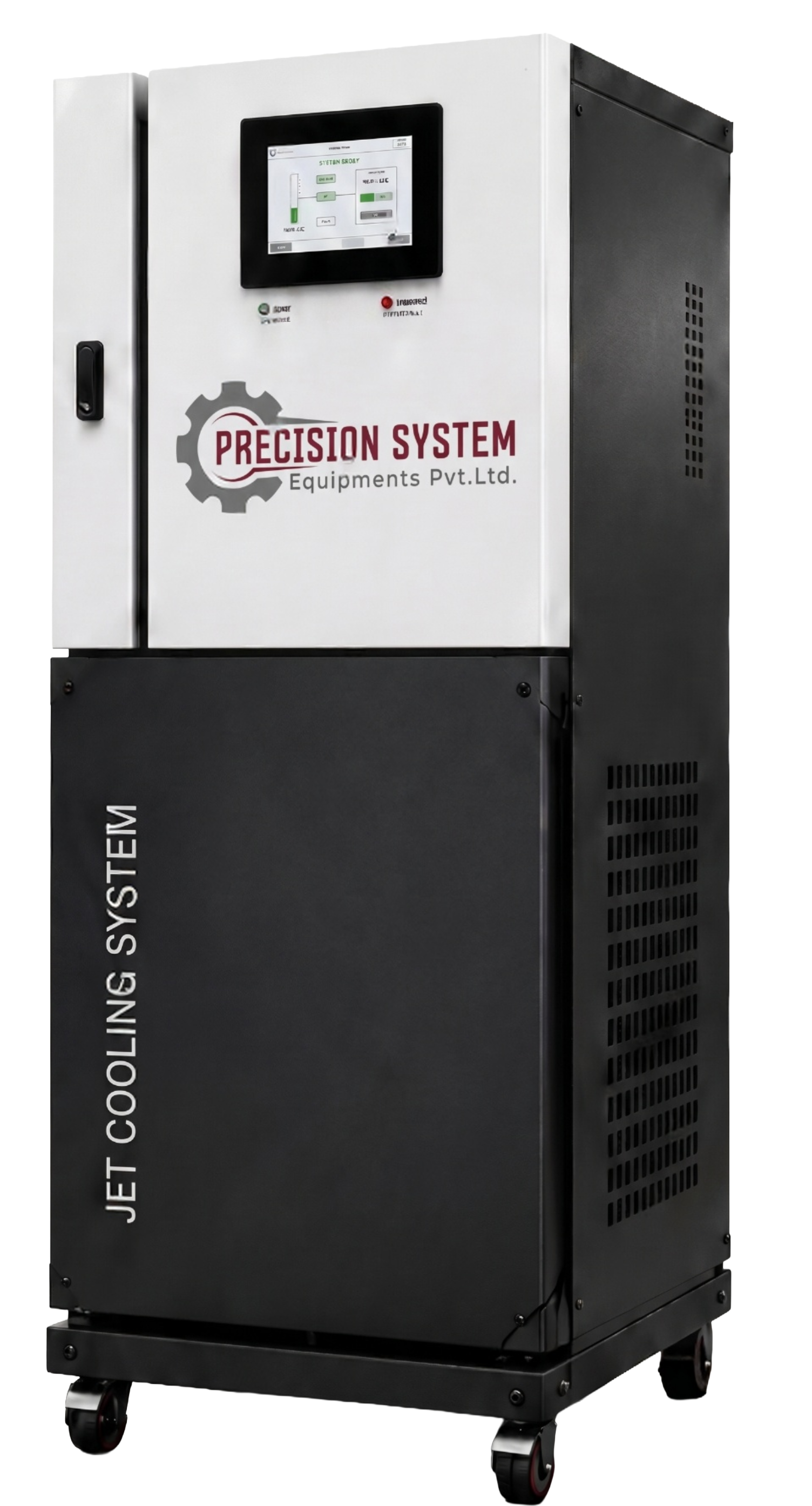 A Precision System jet cooling system: a tall cabinet with a white upper control section carrying a touch-screen HMI and status lamps, over a black lower section lettered JET COOLING SYSTEM, on castors